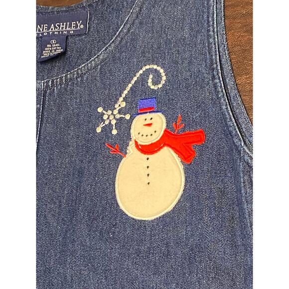 90s Vintage Jane Ashley Denim Jumper Dress Christmas Embroidered Snowman Teacher - Picture 5 of 10